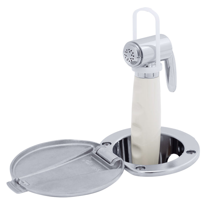 Ambassador Marine 136-0042-CW-R Recessed Shower- Chrome Cup with Stainless Steel Lid w/Gasket, Hammer-Head Warm White Sprayer, 6' White Rubber Hose