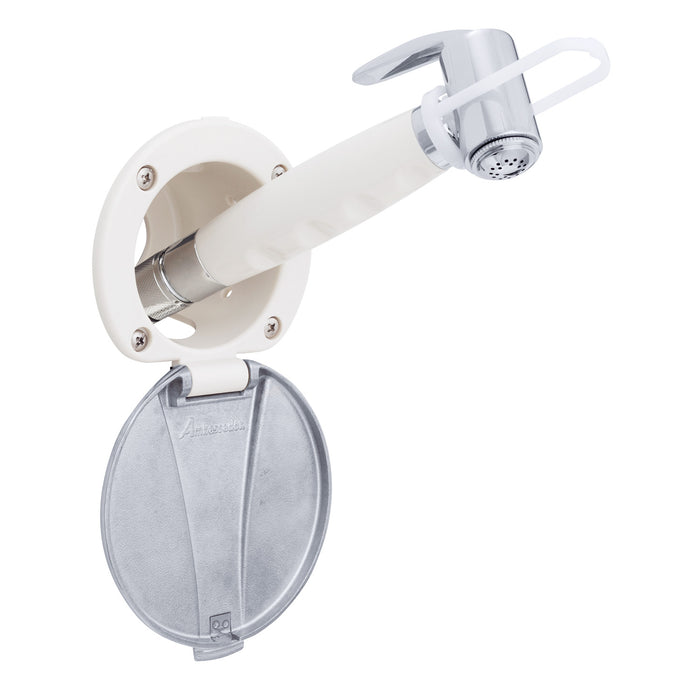 Ambassador Marine 136-0042-WH-R Recessed Shower- Warm White Cup with Stainless Steel Lid, Hammer-Head Warm White Sprayer, 6' White Rubber Hose