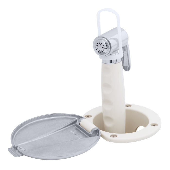 Ambassador Marine 136-0042-WH-R Recessed Shower- Warm White Cup with Stainless Steel Lid, Hammer-Head Warm White Sprayer, 6' White Rubber Hose