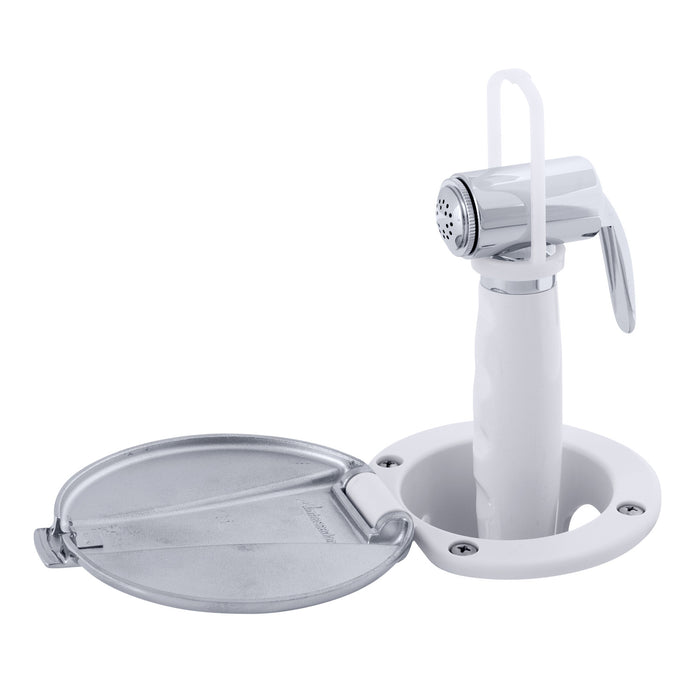 Ducha empotrada Ambassador Marine 136-0043-AW-R - Taza blanca ártica con tapa de acero inoxidable, rociador Hammer-Head blanca ártica, manguera de acero inoxidable de 1,8 m