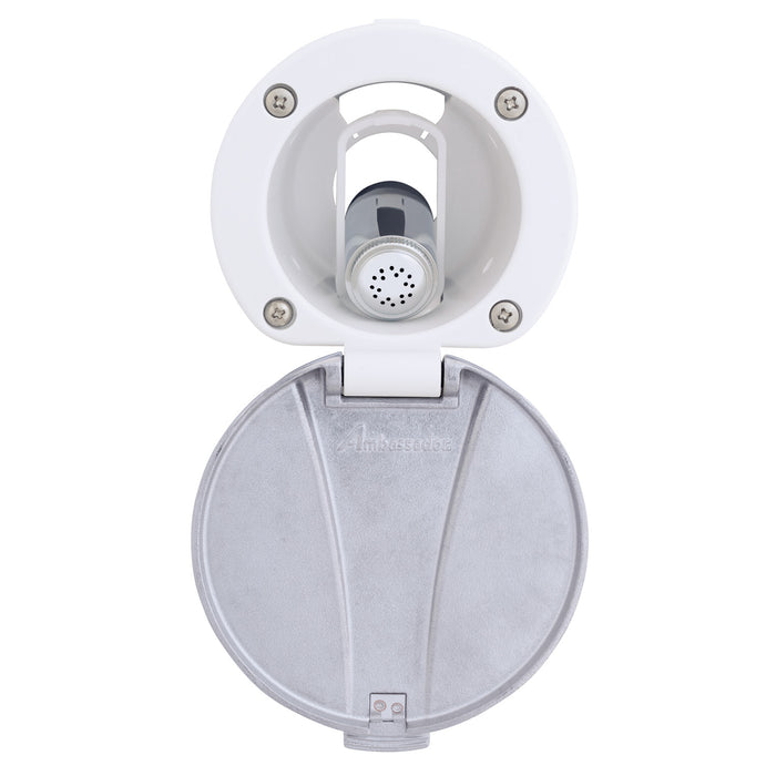 Ducha empotrada Ambassador Marine 136-0043-AW-R - Taza blanca ártica con tapa de acero inoxidable, rociador Hammer-Head blanca ártica, manguera de acero inoxidable de 1,8 m