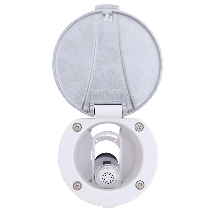Ducha empotrada Ambassador Marine 136-0043-AW-R - Taza blanca ártica con tapa de acero inoxidable, rociador Hammer-Head blanca ártica, manguera de acero inoxidable de 1,8 m