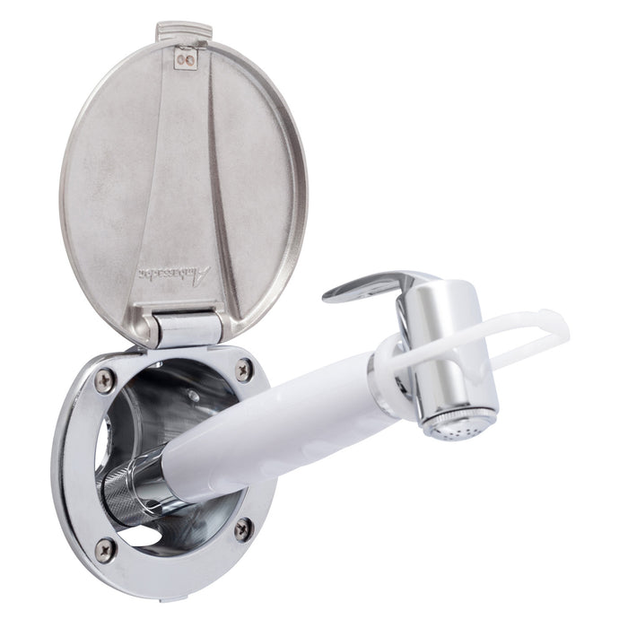 Ambassador Marine 136-0043-CA-R Recessed Shower- Chrome Cup with Stainless Steel Lid, Hammer-Head Arctic White Sprayer, 6' Stainless Steel Hose