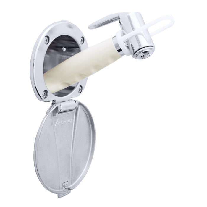 Ducha empotrada Ambassador Marine 136-0043-CW-R: taza cromada con tapa de acero inoxidable, rociador Hammer-Head blanco cálido, manguera de acero inoxidable de 1,8 m