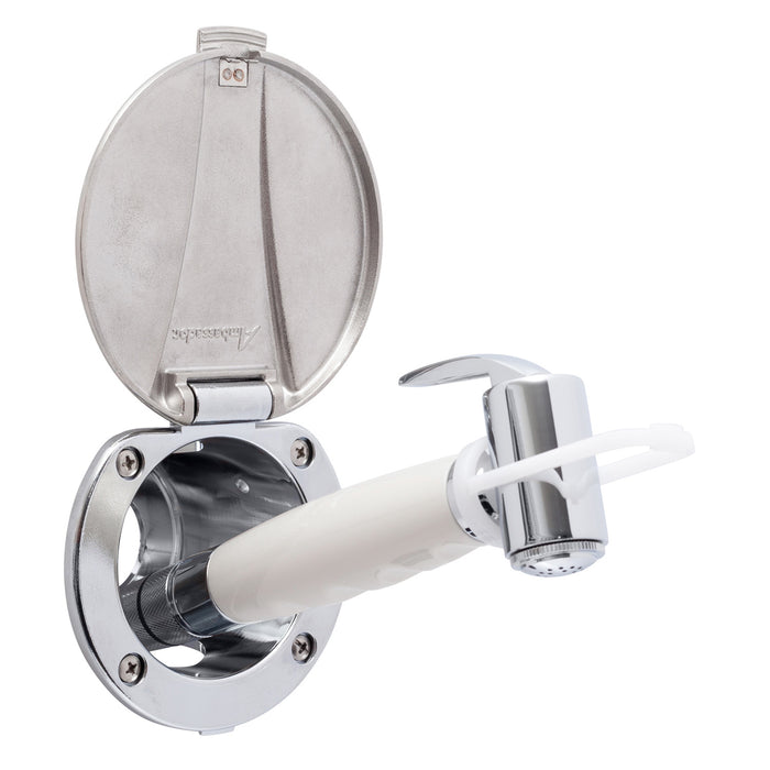 Ducha empotrada Ambassador Marine 136-0043-CW-R: taza cromada con tapa de acero inoxidable, rociador Hammer-Head blanco cálido, manguera de acero inoxidable de 1,8 m