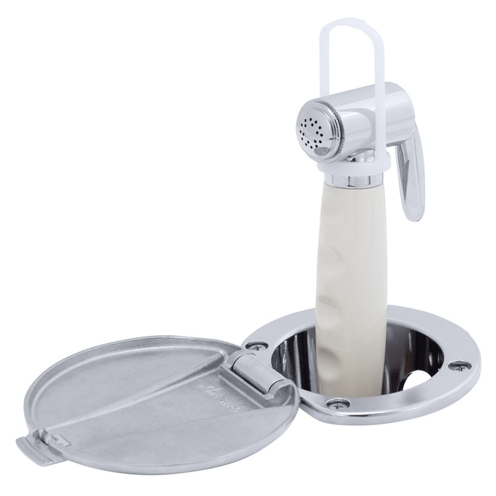 Ducha empotrada Ambassador Marine 136-0043-CW-R: taza cromada con tapa de acero inoxidable, rociador Hammer-Head blanco cálido, manguera de acero inoxidable de 1,8 m
