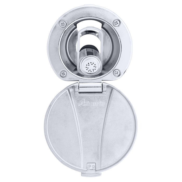 Ducha empotrada Ambassador Marine 136-0043-CW-R: taza cromada con tapa de acero inoxidable, rociador Hammer-Head blanco cálido, manguera de acero inoxidable de 1,8 m