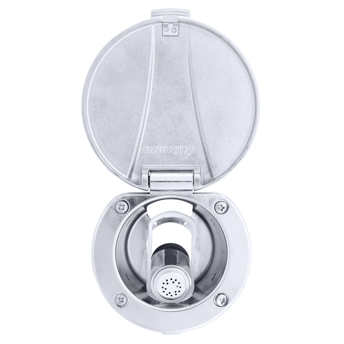 Ducha empotrada Ambassador Marine 136-0043-CW-R: taza cromada con tapa de acero inoxidable, rociador Hammer-Head blanco cálido, manguera de acero inoxidable de 1,8 m