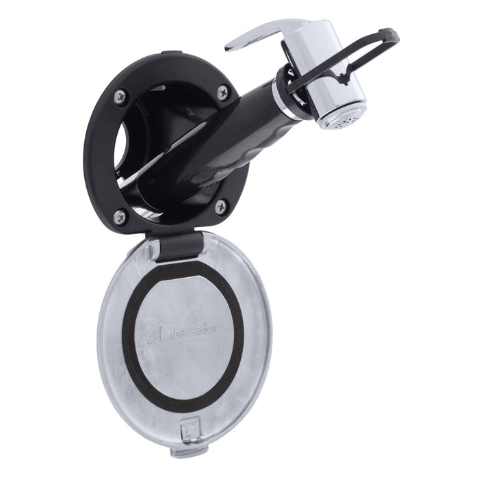 Ambassador Marine 136-0043-KP-R Recessed Shower- Black Cup with Stainless Steel Lid w/Gasket, Hammer-Head Black Sprayer, 6' Stainless Steel Hose