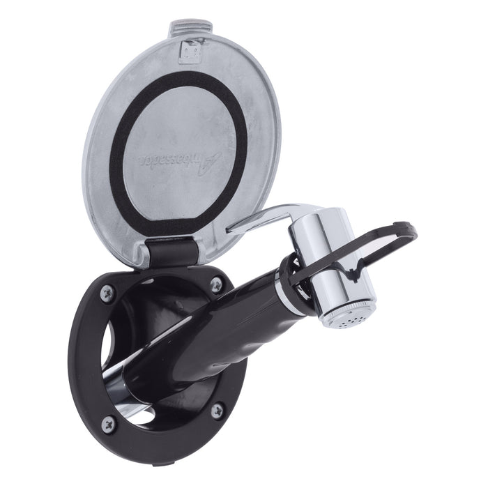 Ambassador Marine 136-0043-KP-R Recessed Shower- Black Cup with Stainless Steel Lid w/Gasket, Hammer-Head Black Sprayer, 6' Stainless Steel Hose