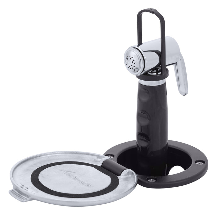 Ambassador Marine 136-0043-KP-R Recessed Shower- Black Cup with Stainless Steel Lid w/Gasket, Hammer-Head Black Sprayer, 6' Stainless Steel Hose