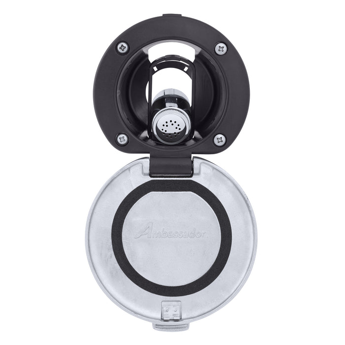 Ambassador Marine 136-0043-KP-R Recessed Shower- Black Cup with Stainless Steel Lid w/Gasket, Hammer-Head Black Sprayer, 6' Stainless Steel Hose