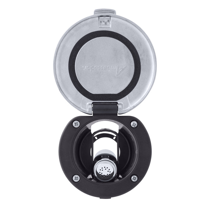 Ambassador Marine 136-0043-KP-R Recessed Shower- Black Cup with Stainless Steel Lid w/Gasket, Hammer-Head Black Sprayer, 6' Stainless Steel Hose