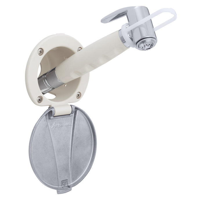 Ambassador Marine 136-0043-WH-R Recessed Shower- Warm White Cup with Stainless Steel Lid, Hammer-Head Warm White Sprayer, 6' Stainless Steel Hose