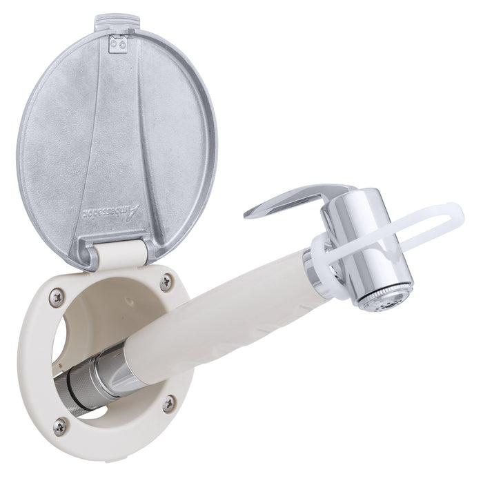 Ambassador Marine 136-0043-WH-R Recessed Shower- Warm White Cup with Stainless Steel Lid, Hammer-Head Warm White Sprayer, 6' Stainless Steel Hose