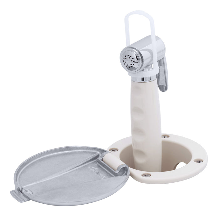 Ambassador Marine 136-0043-WH-R Recessed Shower- Warm White Cup with Stainless Steel Lid, Hammer-Head Warm White Sprayer, 6' Stainless Steel Hose