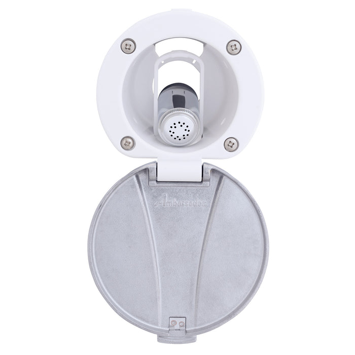 Ambassador Marine 136-0044-AW-R Recessed Shower- Arctic White Cup with Stainless Steel Lid, Hammer-Head Arctic White Sprayer, 10' White Rubber Hose