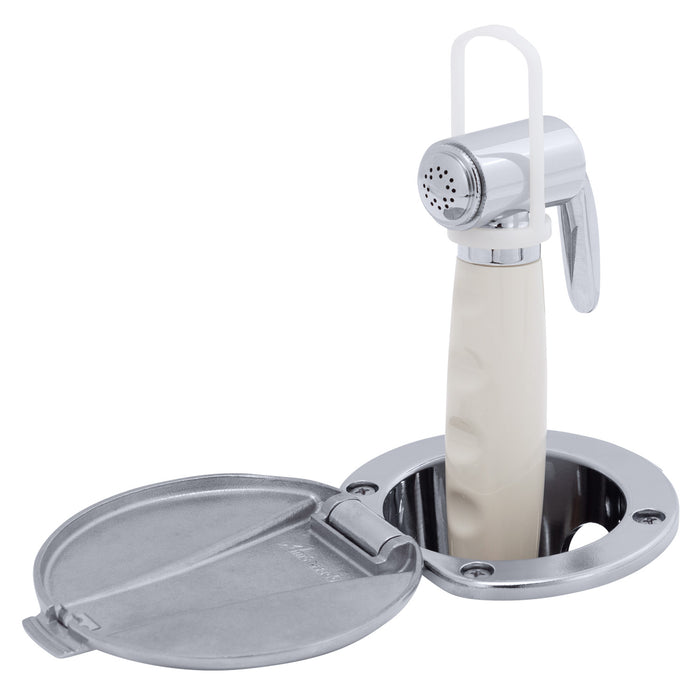 Ambassador Marine 136-0044-CW-R Recessed Shower- Chrome Cup with Stainless Steel Lid, Hammer-Head Warm White Sprayer, 10' White Rubber Hose