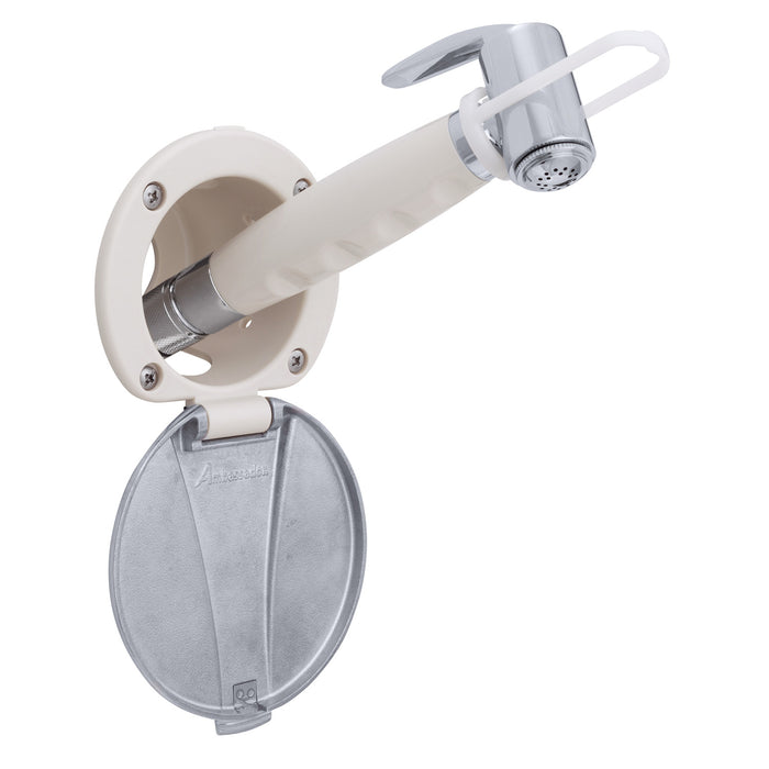 Ambassador Marine 136-0044-WH-R Recessed Shower- Warm White Cup with Stainless Steel Lid, Hammer-Head Warm White Sprayer, 10' White Rubber Hose