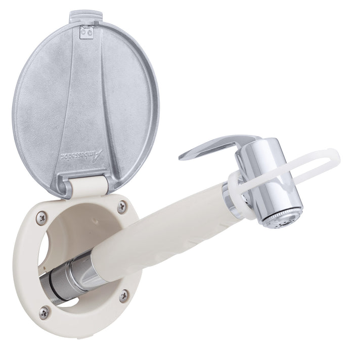 Ambassador Marine 136-0044-WH-R Recessed Shower- Warm White Cup with Stainless Steel Lid, Hammer-Head Warm White Sprayer, 10' White Rubber Hose
