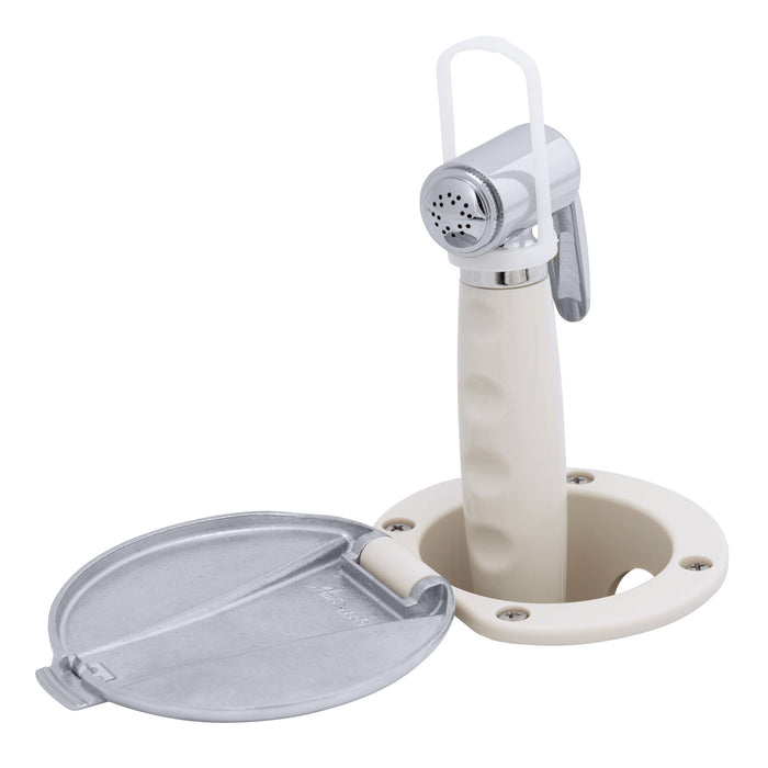 Ambassador Marine 136-0044-WH-R Recessed Shower- Warm White Cup with Stainless Steel Lid, Hammer-Head Warm White Sprayer, 10' White Rubber Hose
