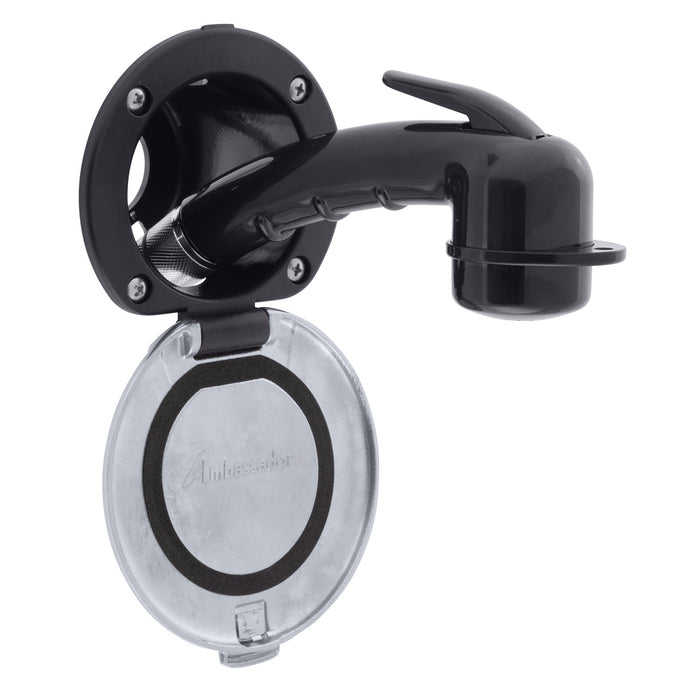 Ducha empotrada Ambassador Marine 136-0048-KP-R - Taza negra con tapa de acero inoxidable y junta, rociador negro pequeño, manguera de acero inoxidable de 1,8 m