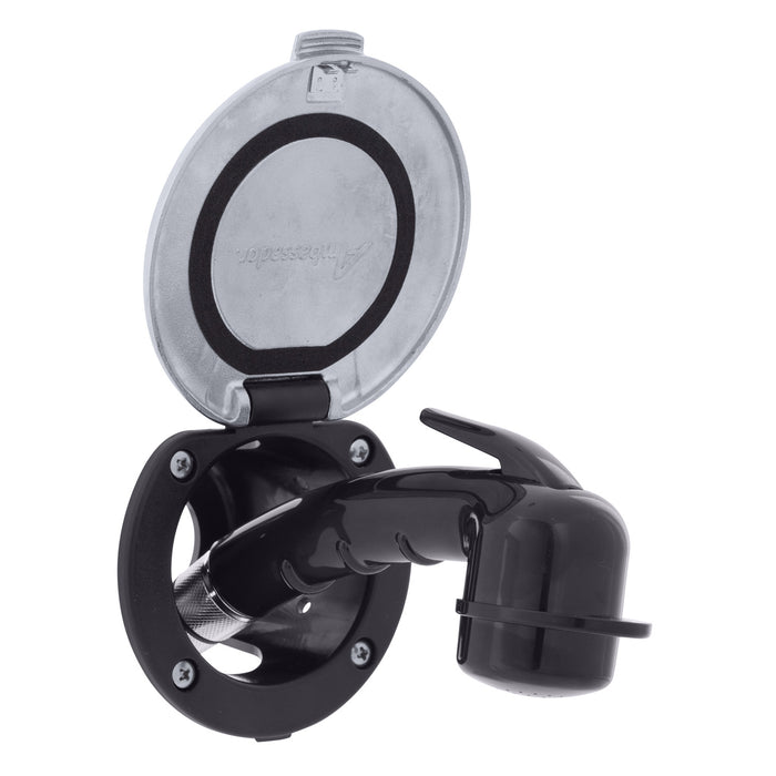 Ducha empotrada Ambassador Marine 136-0048-KP-R - Taza negra con tapa de acero inoxidable y junta, rociador negro pequeño, manguera de acero inoxidable de 1,8 m