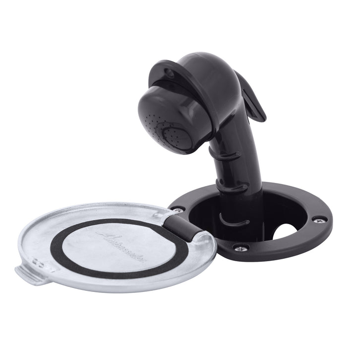 Ducha empotrada Ambassador Marine 136-0048-KP-R - Taza negra con tapa de acero inoxidable y junta, rociador negro pequeño, manguera de acero inoxidable de 1,8 m