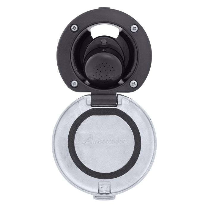 Ducha empotrada Ambassador Marine 136-0048-KP-R - Taza negra con tapa de acero inoxidable y junta, rociador negro pequeño, manguera de acero inoxidable de 1,8 m