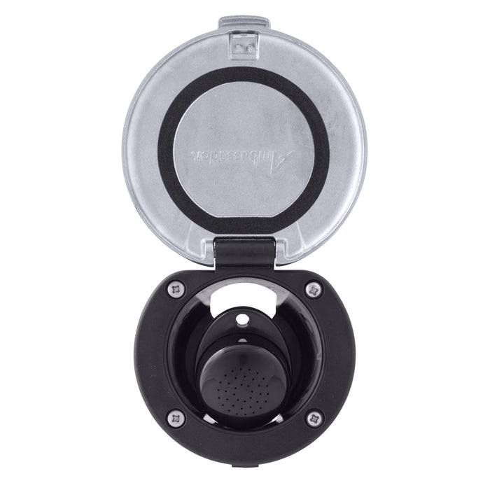 Ducha empotrada Ambassador Marine 136-0048-KP-R - Taza negra con tapa de acero inoxidable y junta, rociador negro pequeño, manguera de acero inoxidable de 1,8 m