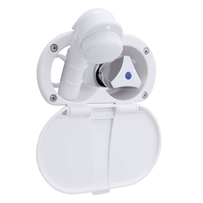 Ambassador Marine 136-0200-AW Trinidad - Ducha de popa (solo agua fría), taza y tapa en blanco ártico, rociador pequeño en blanco ártico, manguera de goma blanca de 1,8 m, manija cromada Trinidad