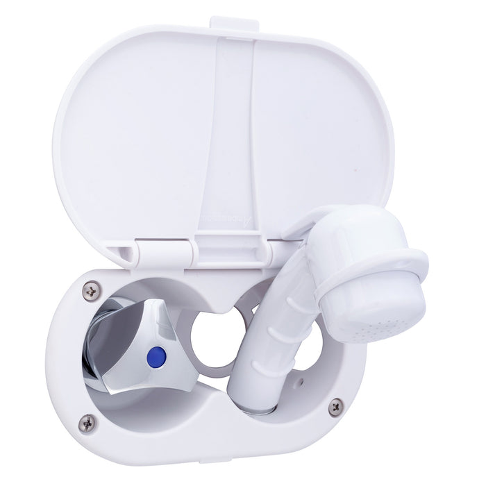 Ambassador Marine 136-0200-AW Trinidad - Ducha de popa (solo agua fría), taza y tapa en blanco ártico, rociador pequeño en blanco ártico, manguera de goma blanca de 1,8 m, manija cromada Trinidad