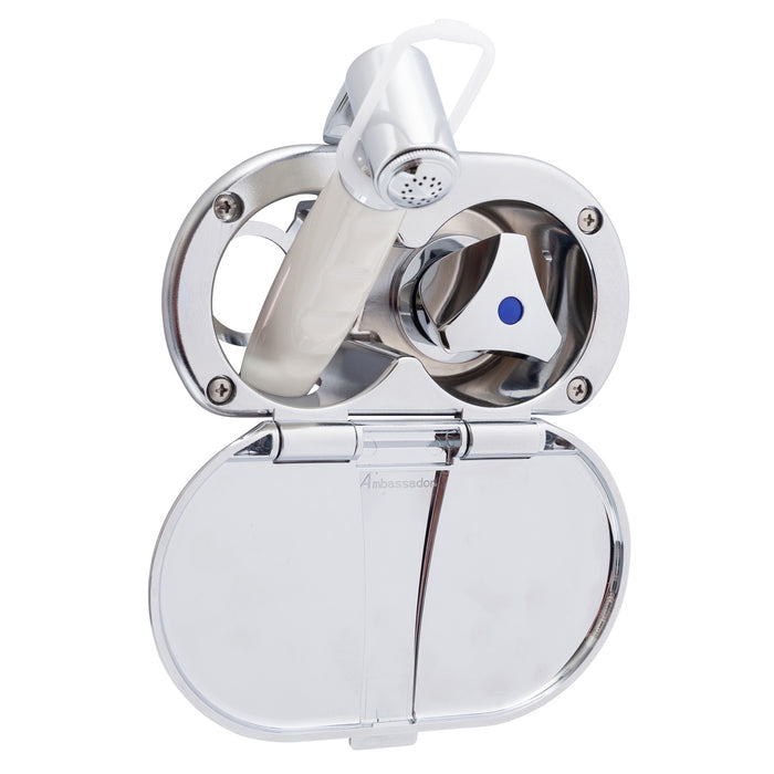 Ambassador Marine 136-0214-CW Trinidad- Transom Shower (Cold Only), Chrome Cup & Lid, Hammer-Head Warm White Sprayer, 10' White Rubber Hose, Chrome Trinidad Handle