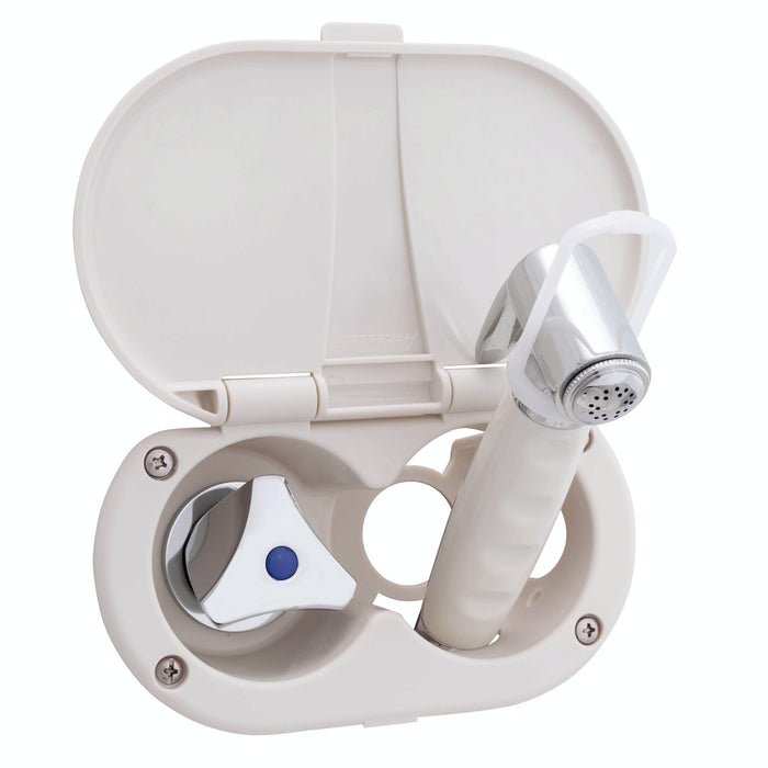 Ambassador Marine 136-0216-WH Trinidad- Transom Shower (Cold Only), Warm White Cup & Lid, Hammer-Head Warm White Sprayer, 6' Stainless Steel Hose, Chrome Trinidad Handle