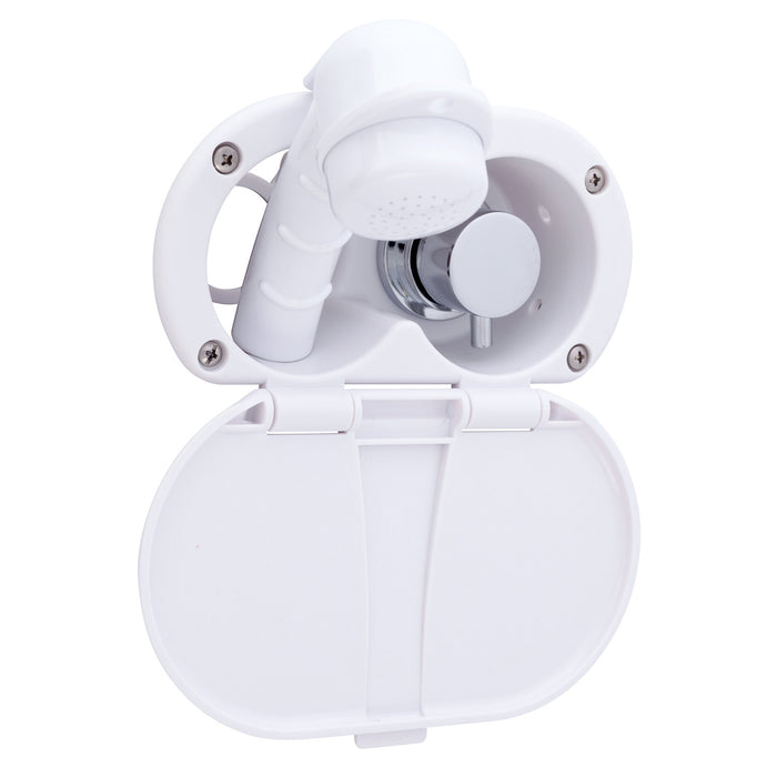 Ambassador Marine 136-1700-AW Aidack- Transom Shower (Hot/Cold Mixer), Arctic White Cup & Lid, Small Arctic White Sprayer, 6' White Rubber Hose, Chrome Aidack Handle