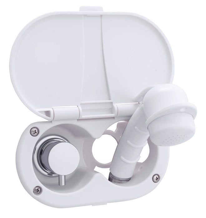 Ambassador Marine 136-1700-AW Aidack- Transom Shower (Hot/Cold Mixer), Arctic White Cup & Lid, Small Arctic White Sprayer, 6' White Rubber Hose, Chrome Aidack Handle