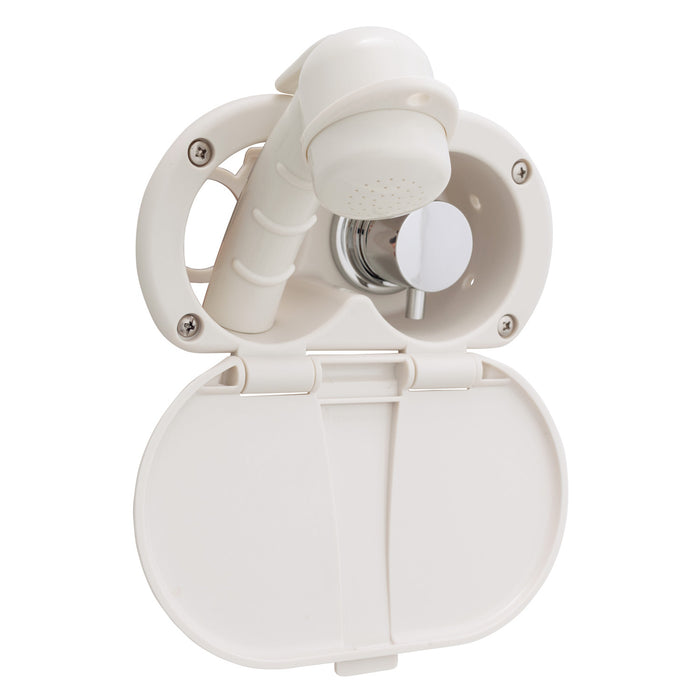 Ambassador Marine 136-1700-WH Aidack- Transom Shower (Hot/Cold Mixer), Warm White Cup & Lid, Small Warm White Sprayer, 6' White Rubber Hose, Chrome Aidack Handle