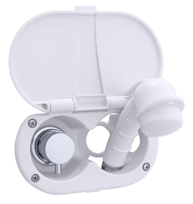 Ambassador Marine 136-1707-AW Aidack- Transom Shower (Hot/Cold Mixer), Arctic White Cup & Lid, Small Arctic White Sprayer, 10' White Rubber Hose, Chrome Aidack Handle