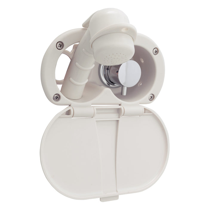 Ambassador Marine 136-1707-WH Aidack- Transom Shower (Hot/Cold Mixer), Warm White Cup & Lid, Small Warm White Sprayer, 10' White Rubber Hose, Chrome Aidack Handle
