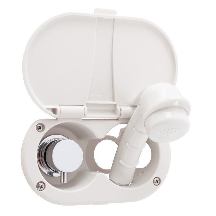 Ambassador Marine 136-1707-WH Aidack- Transom Shower (Hot/Cold Mixer), Warm White Cup & Lid, Small Warm White Sprayer, 10' White Rubber Hose, Chrome Aidack Handle