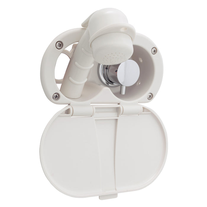 Ambassador Marine 136-1708-WH Aidack- Transom Shower (Hot/Cold Mixer), Warm White Cup & Lid, Small Warm White Sprayer, 6' Stainless Steel Hose, Chrome Aidack Handle