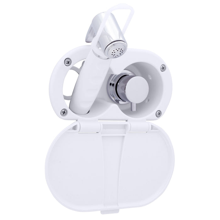 Ambassador Marine 136-1712-AW Aidack- Transom Shower (Hot/Cold Mixer), Arctic White Cup & Lid, Hammer-Head Arctic White Sprayer, 6' White Rubber Hose, Chrome Aidack Handle
