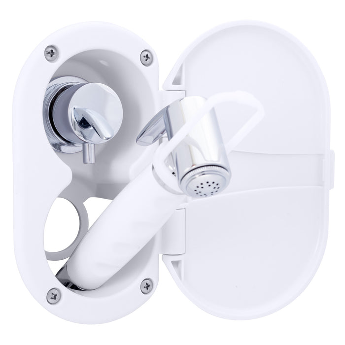 Ambassador Marine 136-1712-AW Aidack- Transom Shower (Hot/Cold Mixer), Arctic White Cup & Lid, Hammer-Head Arctic White Sprayer, 6' White Rubber Hose, Chrome Aidack Handle