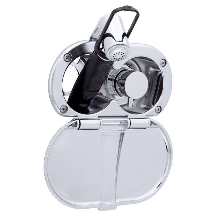 Ambassador Marine 136-1712-CP Aidack- Transom Shower (Hot/Cold Mixer), Chrome Cup & Lid, Hammer-Head Black Sprayer, 6' Black Rubber Hose, Chrome Aidack Handle