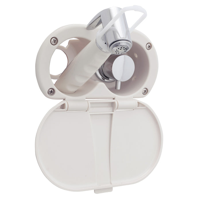 Ambassador Marine 136-1712-WH Aidack- Transom Shower (Hot/Cold Mixer), Warm White Cup & Lid, Hammer-Head Warm White Sprayer, 6' White Rubber Hose, Chrome Aidack Handle