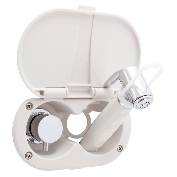 Ambassador Marine 136-1712-WH Aidack- Transom Shower (Hot/Cold Mixer), Warm White Cup & Lid, Hammer-Head Warm White Sprayer, 6' White Rubber Hose, Chrome Aidack Handle