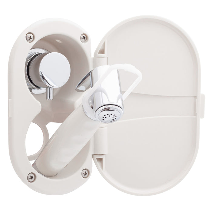 Ambassador Marine 136-1712-WH Aidack- Transom Shower (Hot/Cold Mixer), Warm White Cup & Lid, Hammer-Head Warm White Sprayer, 6' White Rubber Hose, Chrome Aidack Handle