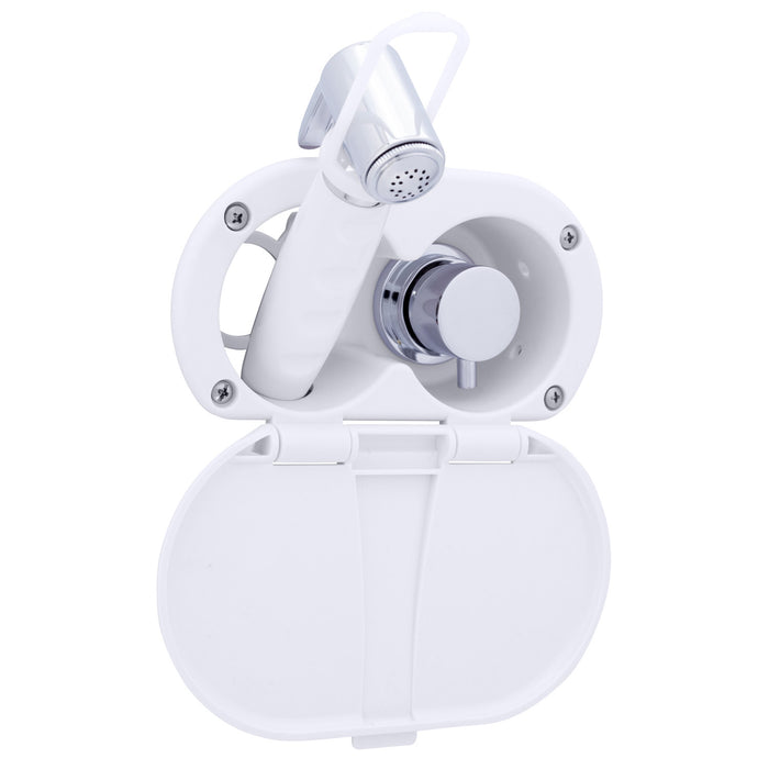Ambassador Marine 136-1714-AW Aidack- Transom Shower (Hot/Cold Mixer), Arctic White Cup & Lid, Hammer-Head Arctic White Sprayer, 10' White Rubber Hose, Chrome Aidack Handle