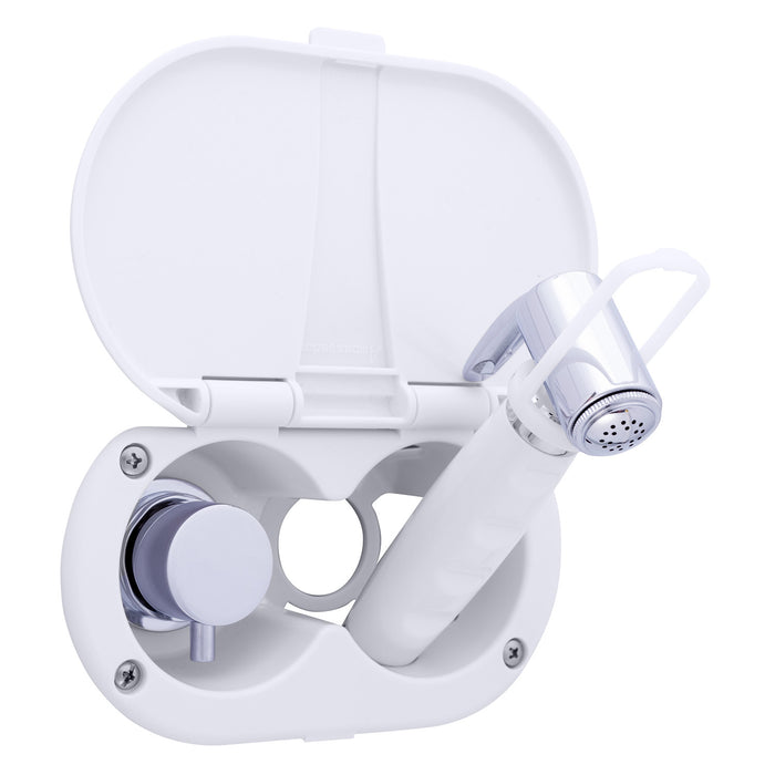 Ambassador Marine 136-1714-AW Aidack- Transom Shower (Hot/Cold Mixer), Arctic White Cup & Lid, Hammer-Head Arctic White Sprayer, 10' White Rubber Hose, Chrome Aidack Handle