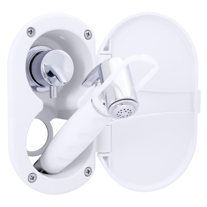 Ambassador Marine 136-1714-AW Aidack- Transom Shower (Hot/Cold Mixer), Arctic White Cup & Lid, Hammer-Head Arctic White Sprayer, 10' White Rubber Hose, Chrome Aidack Handle